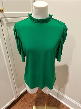 CeCe Emerald Ruffle-Neck Short Sleeve Top